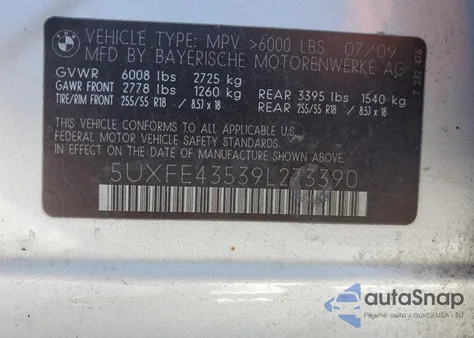 2009 BMW X5 xDrive30I z USA, uszkodzony, nr VIN 5UXFE43539L273390